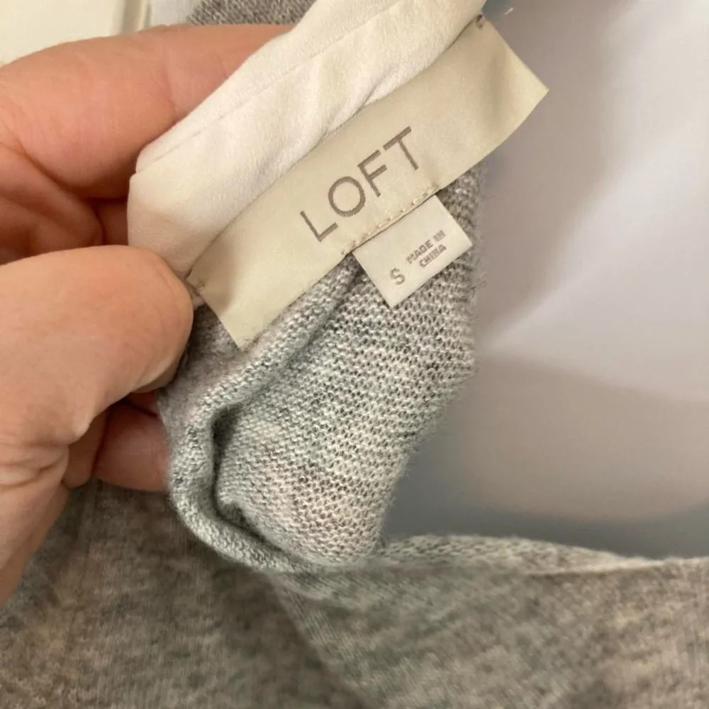 LOFT Gray Knit Sweater with Cream Embellished Collar